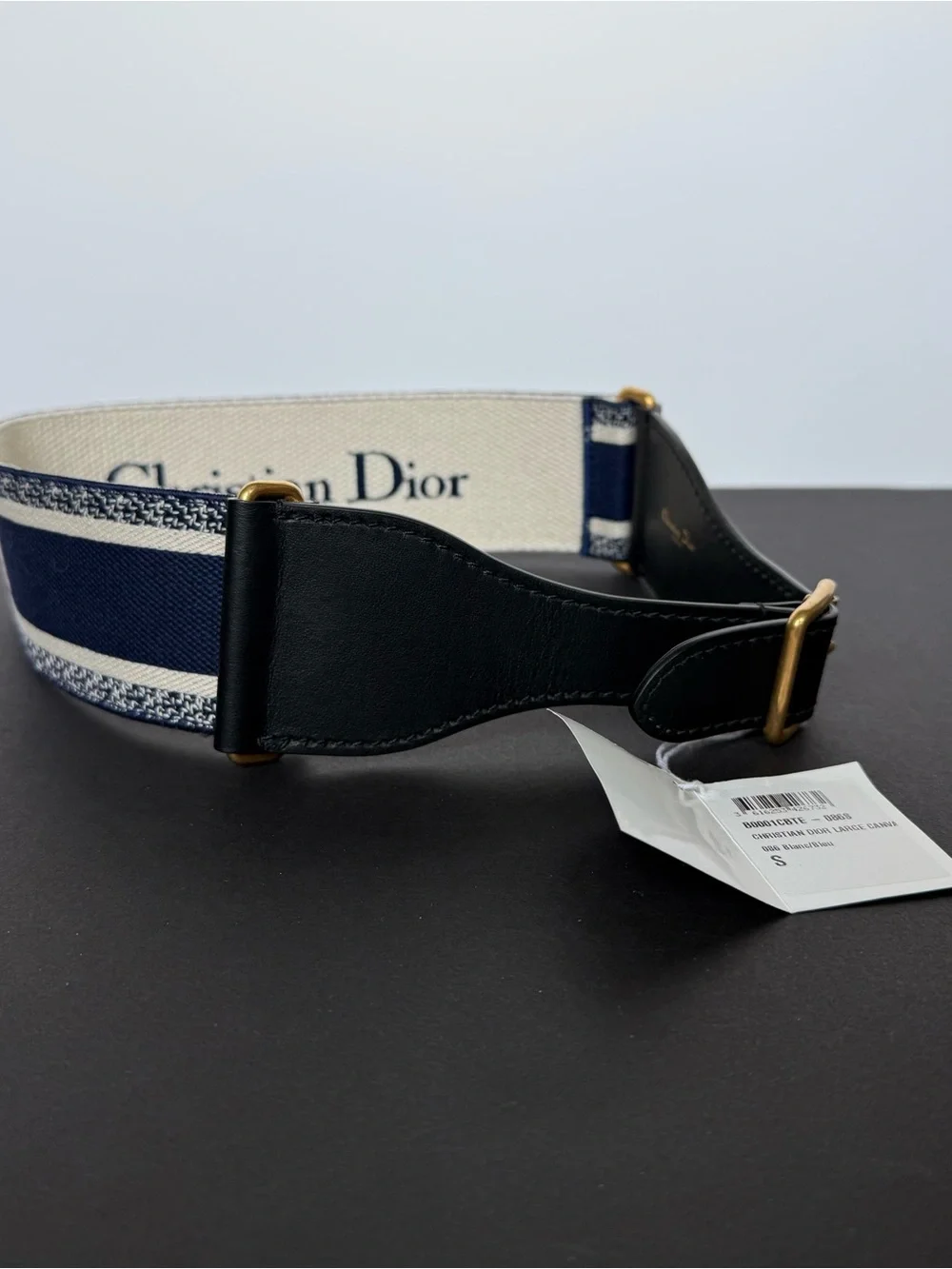 New! Dior Navy and White Signature Logo Canvas/Leather Belt